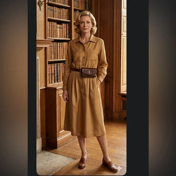 Vintage YSL Rive Gauche Tan Raw Silk Shirt Dress FR 42 US 8/10 - Picture 1 of 15